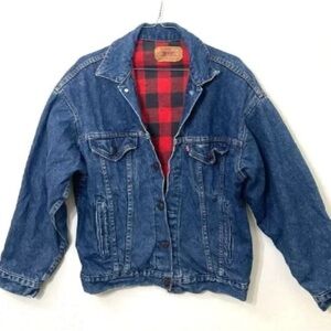 Classic Blue Denim Jacket with Red Plaid Interior